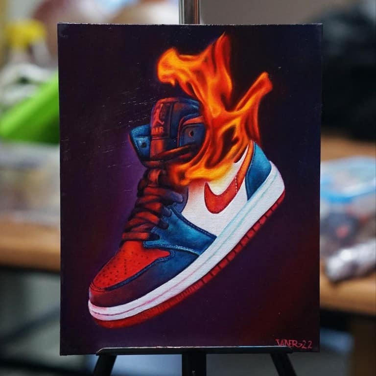 Realistic painting of a Nike shoe on fire in color