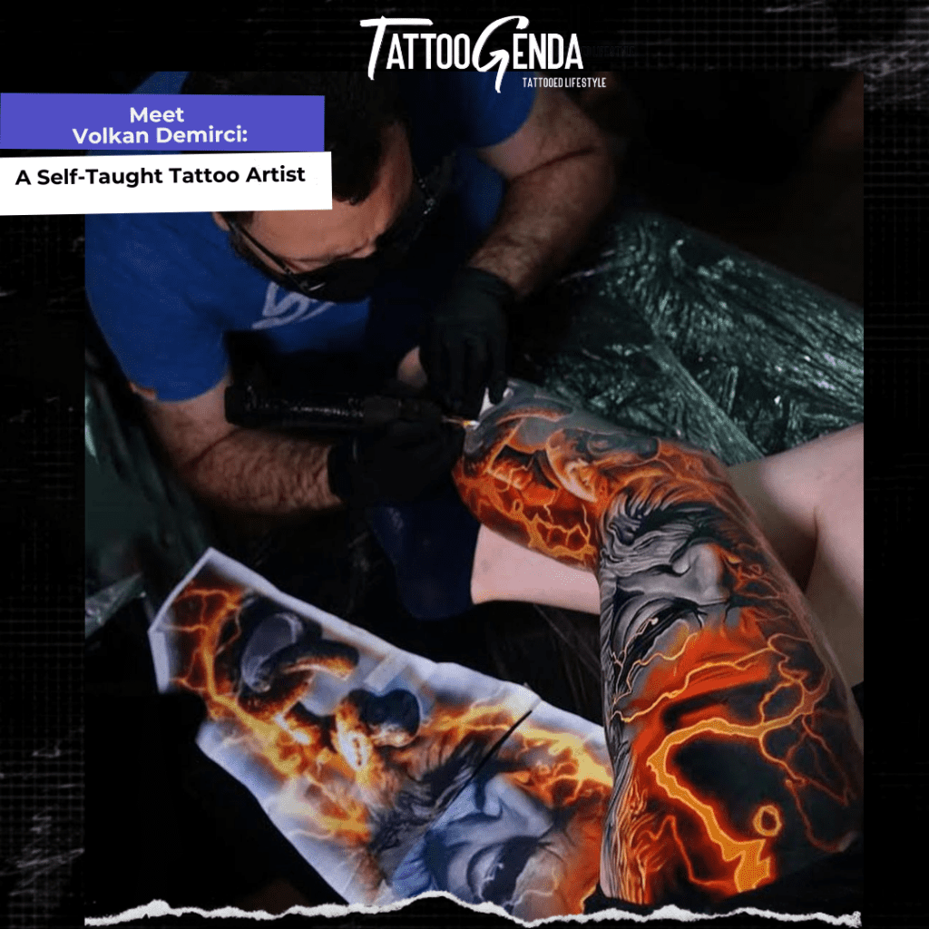 Tattoo master Volkan putting a colorfull japanese tattoo