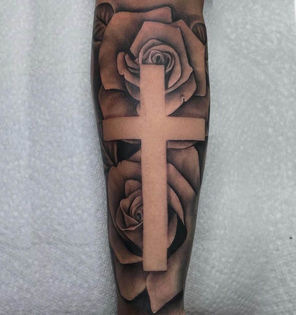 cross and roses