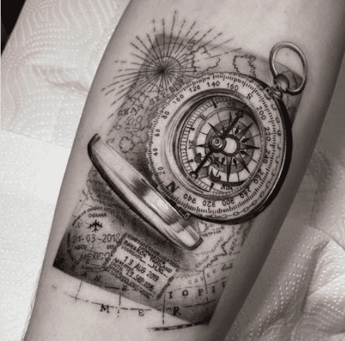 Black and Grey Compass and Roses Tattoo Design