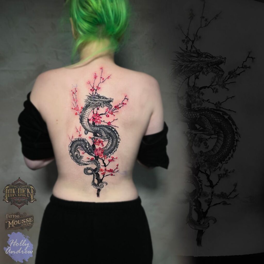 dragon and red flowers on spine