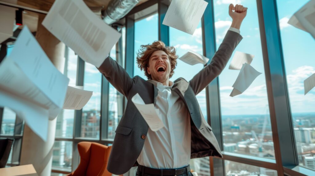 Showing a man being reliefed of finally being able to get rid of paper consent forms and switch to digital