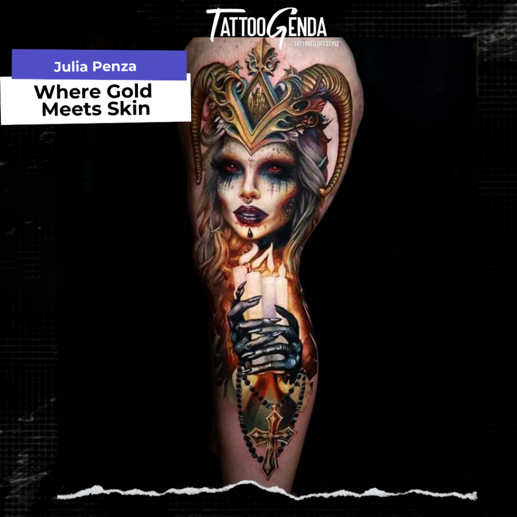 A realistic leg tattoo by Alberto Rodriguez depicts a regal, otherworldly woman in a horned golden crown. Her hands, one gloved and metallic, hold a golden cross. The design masterfully blends vivid gold, blue, and dark hues.