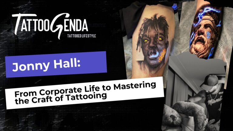 A promotional graphic for Tattoogenda features “Jonny Hall: From Corporate Life to Mastering the Craft of Tattooing.” It also highlights Lampo.ink: From Anime Fan to Unique Whipshading Tattoo Artist, with vibrant tattoos and a focused artist at work.