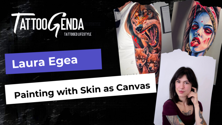 Promo image for Tattoogenda featuring tattoo artist Laura Egea alongside vibrant tattoos of a snarling wolf and a woman's face, inspired by Artem Alekhin — Balancing Realism and Geometry, with the text: Painting with Skin as Canvas.