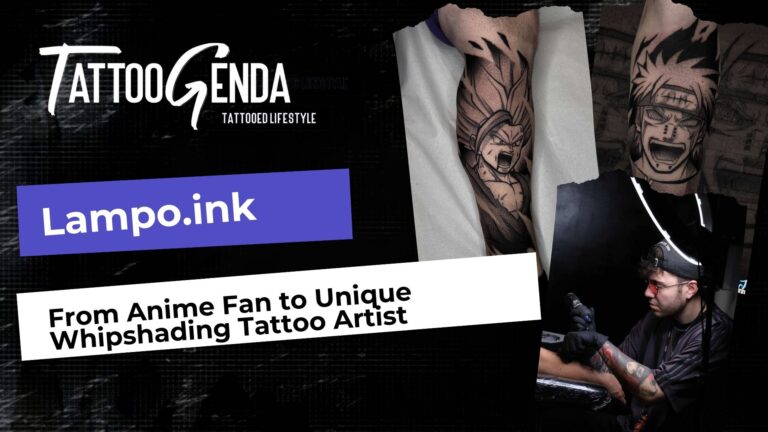A collage with the TattooGenda logo, two forearm tattoos of anime characters, a blue Lampto.ink label, and a tattoo artist working. Featuring Artem Alekhin — Balancing Realism and Geometry. Text reads: From Anime Fan to Unique Whipshading Tattoo Artist.