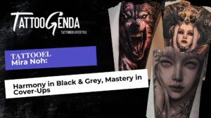A digital promo for 𝐓𝐀𝐓𝐓𝐎𝐎𝐄𝐋 highlights “Harmony in Black & Grey, Mastery in Cover-Ups.” The striking design showcases work by Mira Noh and Alberto Rodriguez: a snarling wolf, a horned woman, and a realistic female portrait.