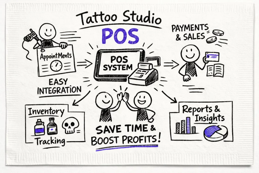 A hand-drawn infographic shows benefits of a Tattoo Studio POS system, including easy integration, payments & sales, inventory tracking, reports & insights, and saving time to boost profits, with icons for each feature and cheerful stick figures.