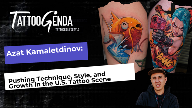 A TattooGenda promo features bold text: Azat Kamaletdinov and Roland Alexandre – Contrasting Realism and Growth in the U.S. Tattoo Scene. Images include a man in a cap, a cartoonish fish tattoo, and a comic-style woman tattoo on legs, all on black.