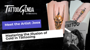 A promotional graphic for Tattoogenda spotlights "Meet the Artist: Jooa — Mastering the Illusion of Gold in Tattooing." It features a gold-illusion tattoo, a woman tattooing, the Tattoogenda logo, and a blue label introducing Jooa and Alberto Rodriguez.