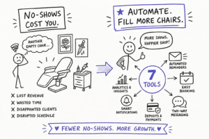 A split illustration contrasts an empty salon chair (left) and a happy stylist with tools (right). Left shows losses from no-shows: wasted time, lost revenue. Right lists seven automation tools for booking, messaging, reminders—leading to more shows and shop growth.