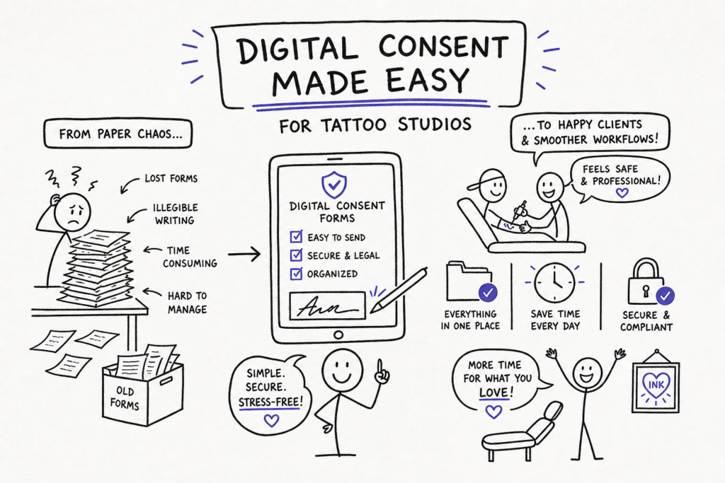 A hand-drawn infographic explains how digital consent forms simplify workflow for tattoo studios. It contrasts chaotic paper forms with organized digital forms on a tablet, highlighting benefits like security, efficiency, and client satisfaction. Stick figures illustrate each point.