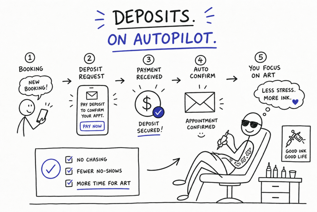A black-and-white infographic explains automated deposit payments: 1) Person books an appointment. 2) Deposit requested via phone. 3) Payment received; deposit secured. 4) Appointment auto-confirmed. 5) Artist relaxes, focusing on art with fewer no-shows and less stress.