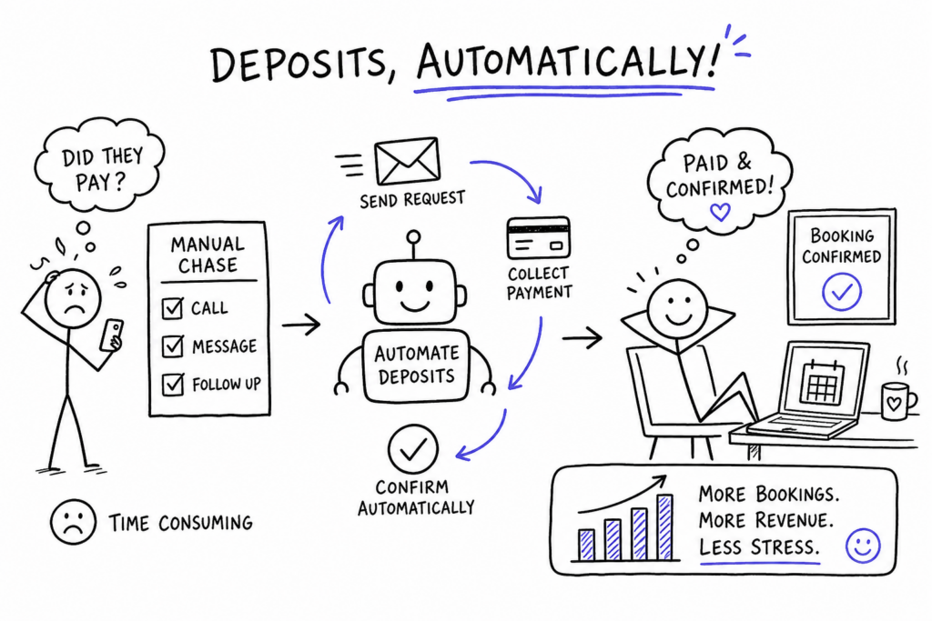 A hand-drawn infographic contrasts manual deposit requests with automated ones. Left: A stressed person chases payments. Center: A robot sends requests and confirms payment automatically. Right: A happy person sees bookings and revenue increase, with less stress.