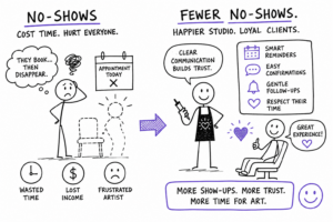 A hand-drawn infographic compares No-Shows—with empty chairs, wasted time, lost income, and a frustrated artist—to Fewer No-Shows, showing a happy artist and client, tips like clear communication, reminders, and follow-ups, leading to more show-ups and trust.