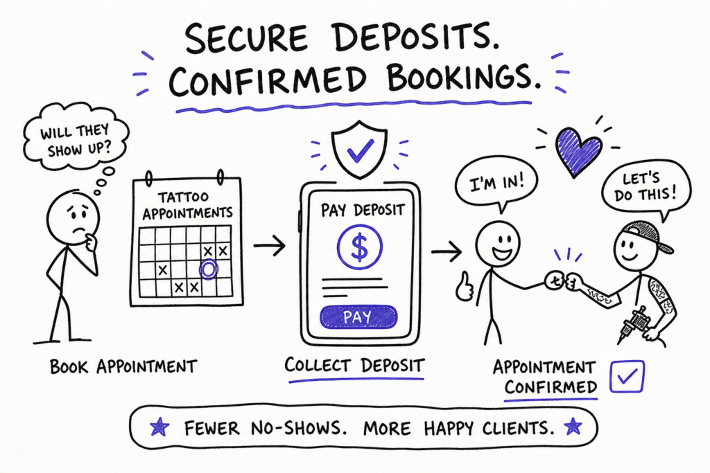 A comic-style flowchart shows booking a tattoo appointment. Step 1: worried stick figure at a calendar (“Will they show up?”). Step 2: Pay Deposit screen. Step 3: Happy client and tattoo artist fist-bumping (“I’m in!” “Let’s do this!”). Caption: “Fewer no-shows. More happy clients.”.