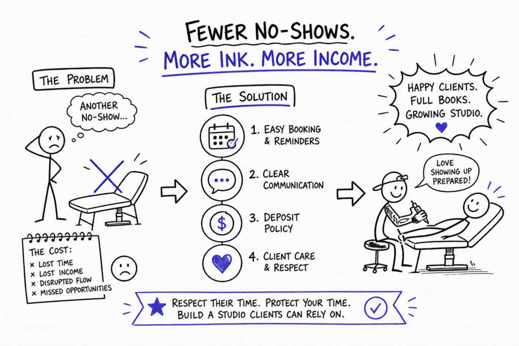 A hand-drawn infographic shows a sad tattoo artist beside an empty chair, highlighting the problem of client no-shows. It lists solutions: easy booking, clear communication, deposit policy, and care. A happy artist tattoos a client, with messages about respect, reliability, and income growth.
