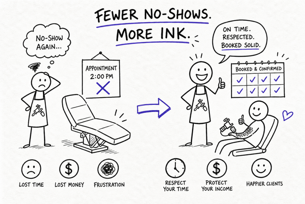 A split cartoon shows a sad tattoo artist left waiting by a no-show client, with icons for lost time, money, and frustration. On the right, the artist happily tattoos a smiling client, with a calendar of bookings and icons for respect, income protection, and happy clients.