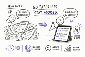 Illustration depicts transitioning from overwhelming paper forms to a digital tablet for tattoo waivers and client intake. It highlights benefits like saving time, reducing clutter, happier clients, and better business.
