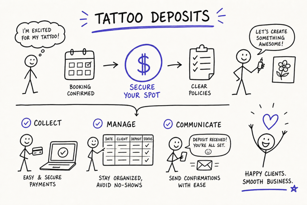 A hand-drawn infographic explains tattoo deposits. It shows steps: booking confirmed, securing your spot with a deposit, clear policies, collecting payments, managing bookings, sending confirmations, all leading to happy clients and smooth business.