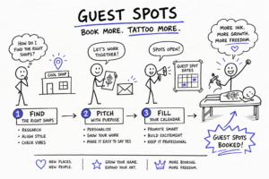 A hand-drawn infographic titled Guest Spots explains booking tattoo guest spots in 3 steps: 1) Find the right shops, 2) Pitch with purpose, 3) Fill your calendar. Stick figures illustrate each step. Motivational post-its and symbols line the bottom.