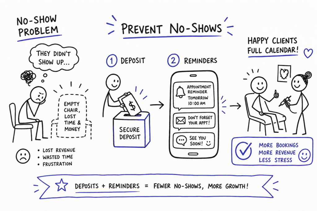 A hand-drawn infographic explains preventing no-shows with two steps: secure deposits and appointment reminders. A sad person sits by an empty chair, then deposits money, receives reminders, and ends as a happy client. Key benefits: less stress, more bookings, and revenue.