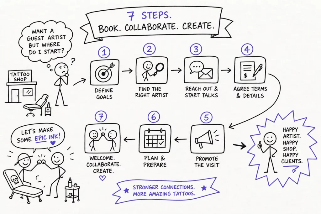 A hand-drawn infographic titled “7 Steps. Book. Collaborate. Create.” shows steps for booking a guest artist: define goals, find artist, reach out, agree terms, promote, plan, welcome. Ends with happy artist, shop, and clients surrounded by stars and confetti.