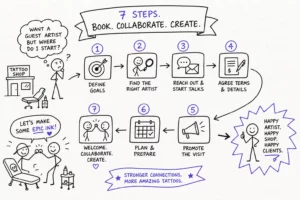 A hand-drawn infographic titled “7 Steps. Book. Collaborate. Create.” shows steps for booking a guest artist: define goals, find artist, reach out, agree terms, promote, plan, welcome. Ends with happy artist, shop, and clients surrounded by stars and confetti.