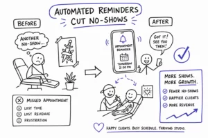 Hand-drawn infographic showing how automated reminders reduce appointment no-shows. Before side: sad client absent, missed appointment, lost revenue. After side: reminder sent, happy client arrives, more shows, happier clients, and more revenue.