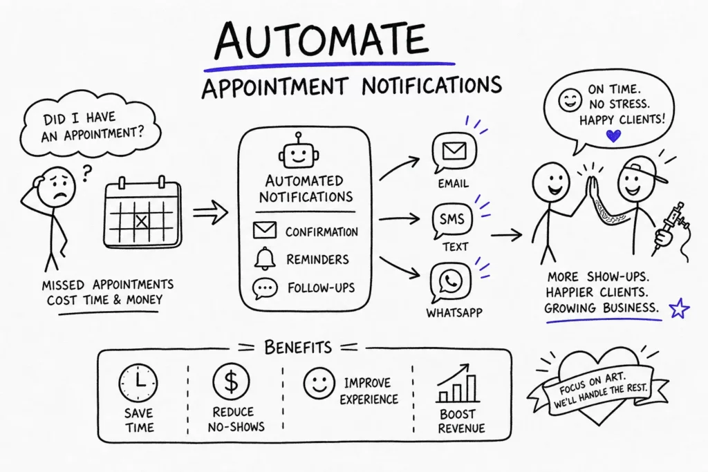 A hand-drawn infographic explains automated appointment notifications. It shows a calendar, a robot sending confirmations, reminders, and follow-ups via email, SMS, and WhatsApp, highlighting reduced no-shows, saved time, better experience, and boosted revenue.