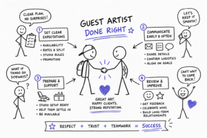 A hand-drawn infographic titled Guest Artist Done Right shows two stick figures shaking hands. Around them are 4 steps: set clear expectations, communicate, prepare & support, and review & improve, with icons and brief bullet points for each.