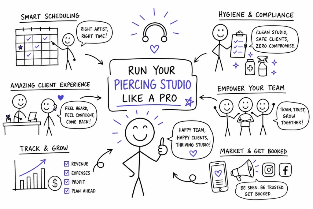 A hand-drawn infographic titled Run Your Piercing Studio Like a Pro shows tips like smart scheduling, hygiene & compliance, amazing client experience, empowering your team, marketing, and tracking growth, with stick figures, icons, and brief descriptions around a central figure.