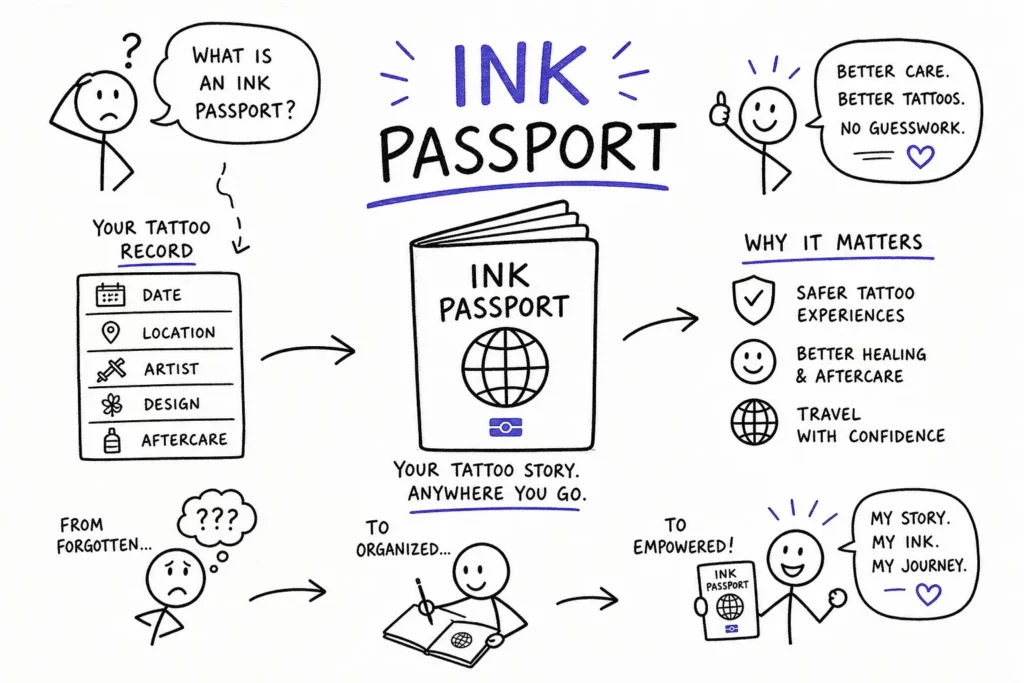 A hand-drawn infographic explains an “Ink Passport.” Center: a passport with “IN K PASSPORT” written above. Surrounding icons and text detail how it helps track tattoo info for better care, healing, and travel confidence, showing steps from confusion to empowerment.