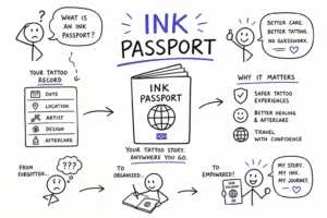 A hand-drawn infographic explains an “Ink Passport.” Center: a passport with “IN K PASSPORT” written above. Surrounding icons and text detail how it helps track tattoo info for better care, healing, and travel confidence, showing steps from confusion to empowerment.