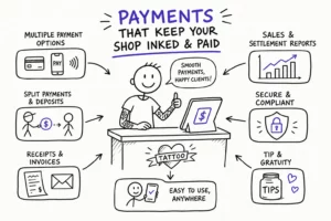 Hand-drawn infographic showing a tattoo artist at a counter with text: “Payments That Keep Your Shop Inked & Paid.” Surrounding icons list payment benefits: multiple options, sales reports, split payments, secure, receipts, easy use, and tips.