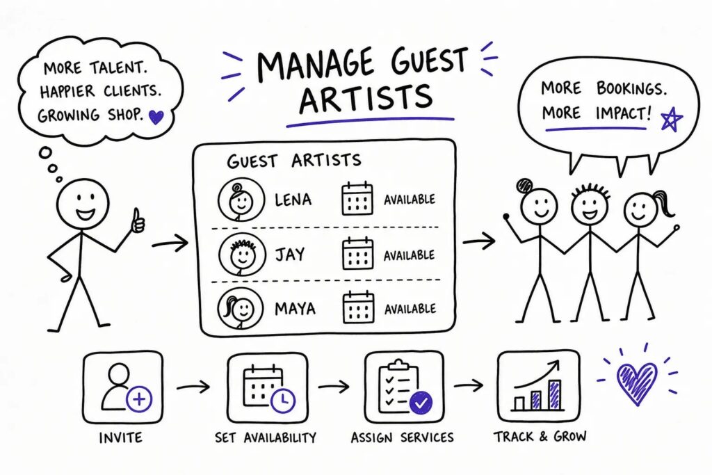 Hand-drawn flowchart titled Manage Guest Artists shows adding artists, setting availability, assigning services, and tracking growth, with stick figures, icons, and speech bubbles highlighting benefits like more talent, happier clients, bookings, and shop growth.