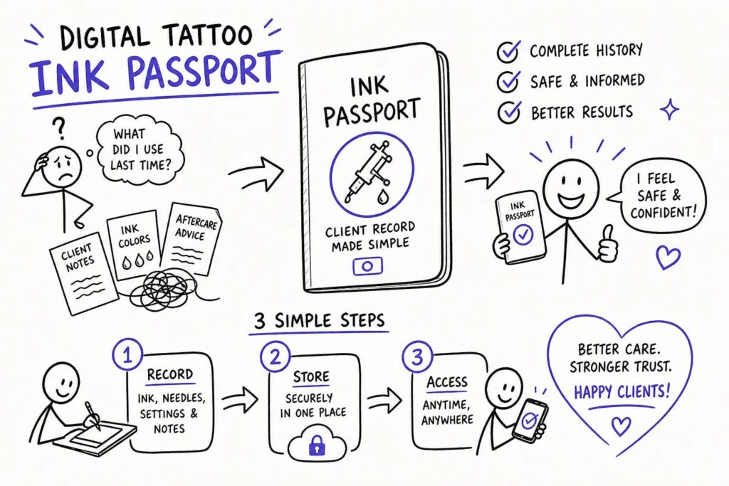 A hand-drawn infographic explains a Digital Tattoo Ink Passport. It shows steps: recording ink info, storing securely, and accessing records anytime. Icons depict safety, history, better care, and happy clients. The style is simple, using stick figures and symbols.